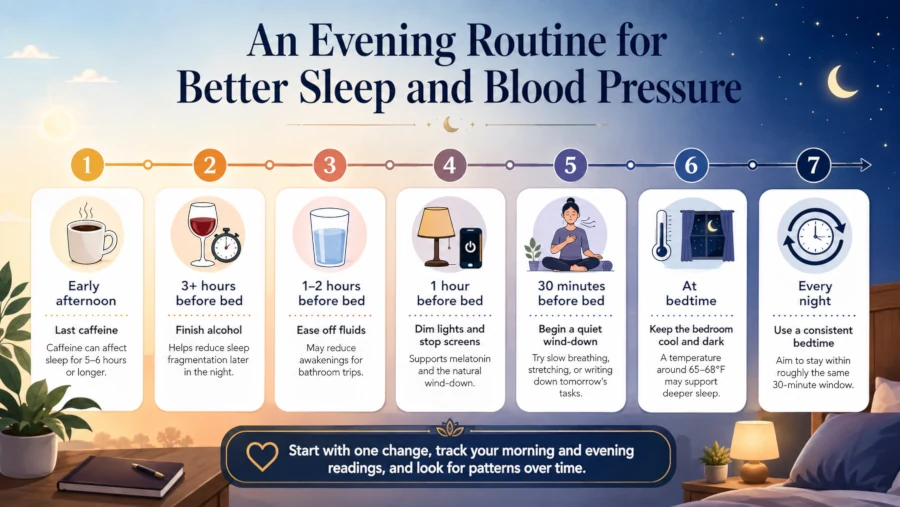 Evening routine timeline for supporting healthy overnight blood pressure.