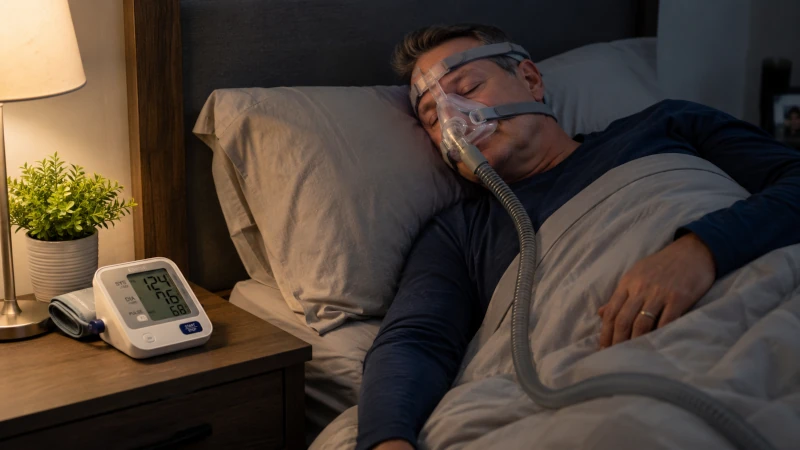 Person asleep with a CPAP mask beside a blood pressure monitor.