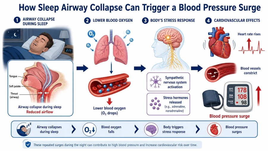 Diagram showing how an airway collapse during sleep lowers oxygen and triggers a blood pressure surge.