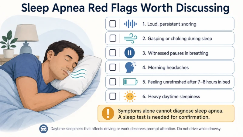 Checklist of sleep apnea warning signs including snoring, gasping, and morning headaches.