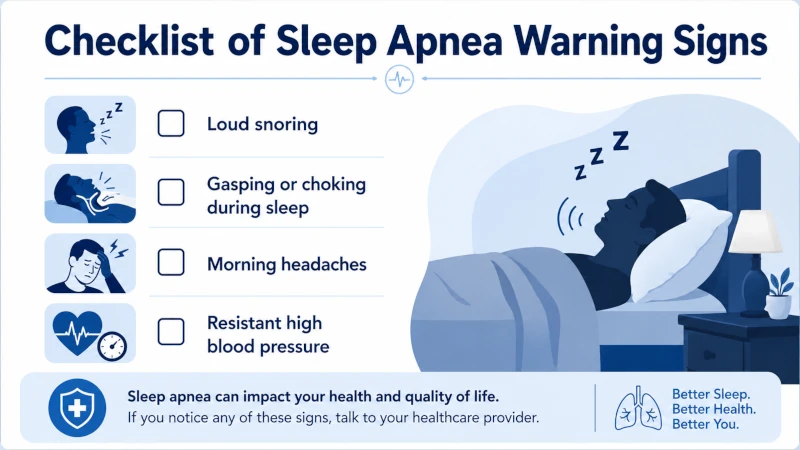 Checklist of sleep apnea warning signs including loud snoring, gasping, morning headaches, and resistant high blood pressure.