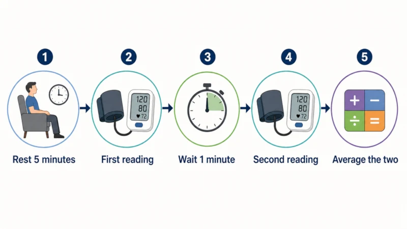 Simple timeline showing five minutes of rest, a first reading, a one-minute wait, a second reading, then averaging the two