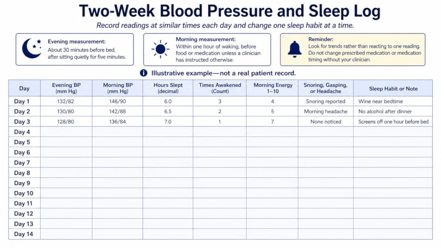 Sample two-week log tracking morning and evening blood pressure and sleep.