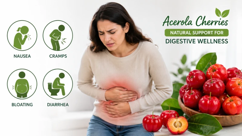 A person holding their stomach beside acerola cherries, with small icons for nausea, cramps, bloating, and diarrhea.