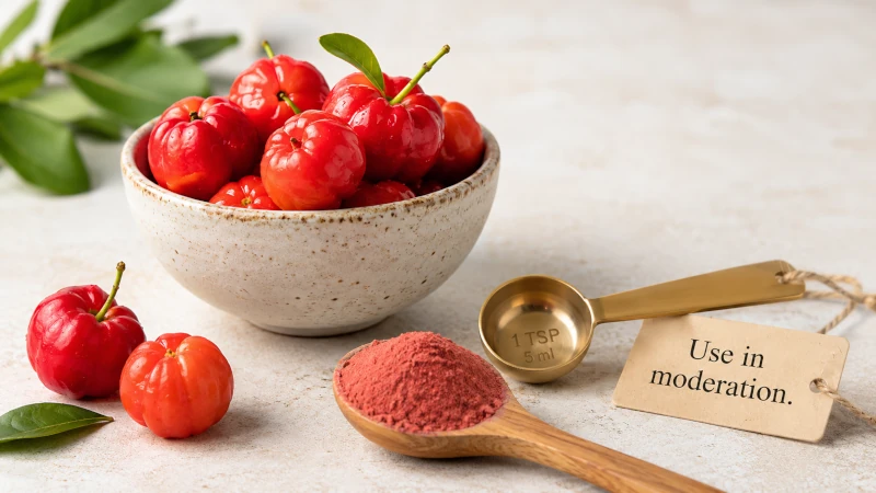 A small bowl of acerola cherries, a spoonful of acerola powder, and a measuring spoon