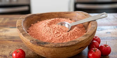 Acerola cherry powder in a bowl next to fresh acerola fruit.