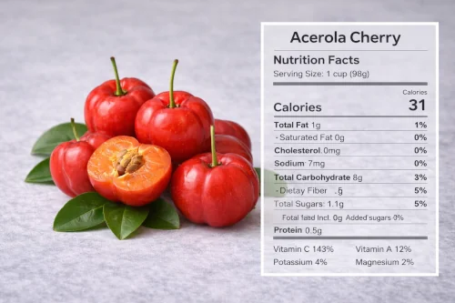 Fresh acerola cherries with nutrition facts overlay.