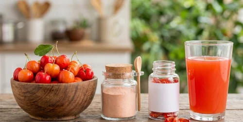 Different forms of acerola cherry including fresh fruit, powder, capsules, and juice.