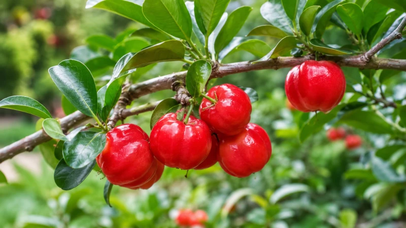 Ripe red acerola cherries on a Malpighia emarginata branch.