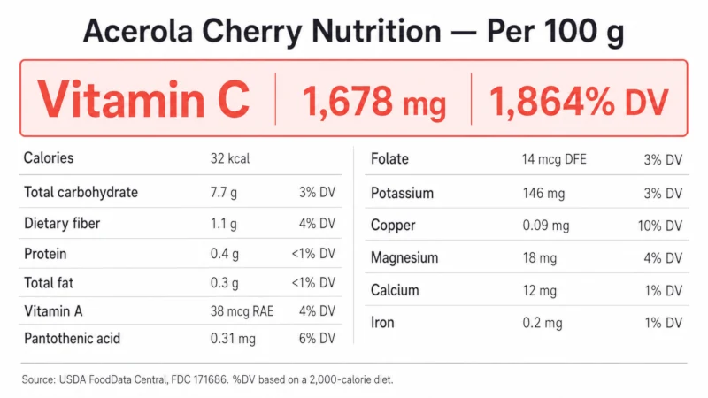 Nutrition facts panel for raw acerola cherry nutrition showing 32 calories and 1,678 mg vitamin C per 100 grams.
