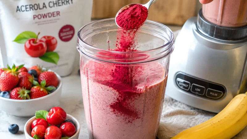 Acerola cherry powder being mixed into a smoothie.