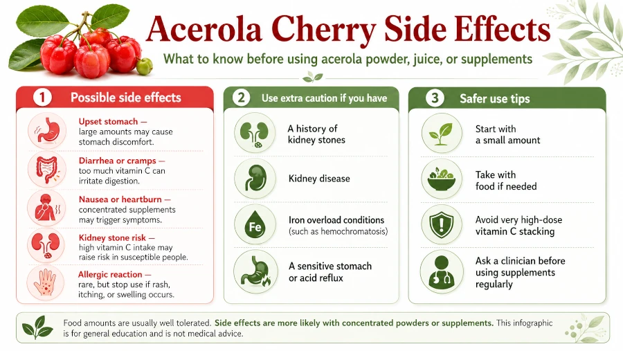 natural-health infographic about acerola cherry side effects.