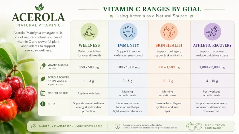 Reference card listing acerola vitamin C ranges for wellness, immunity, skin, and athletic recovery.