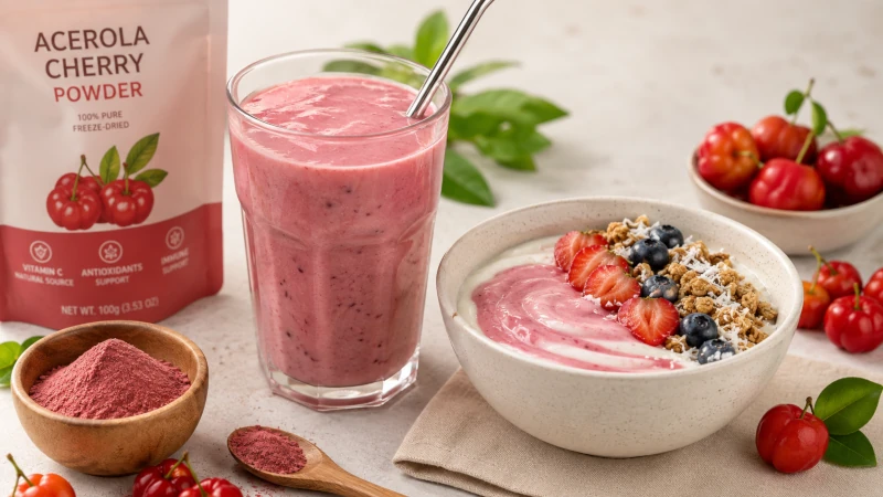 Acerola cherry powder stirred into a fruit smoothie and a yogurt bowl.