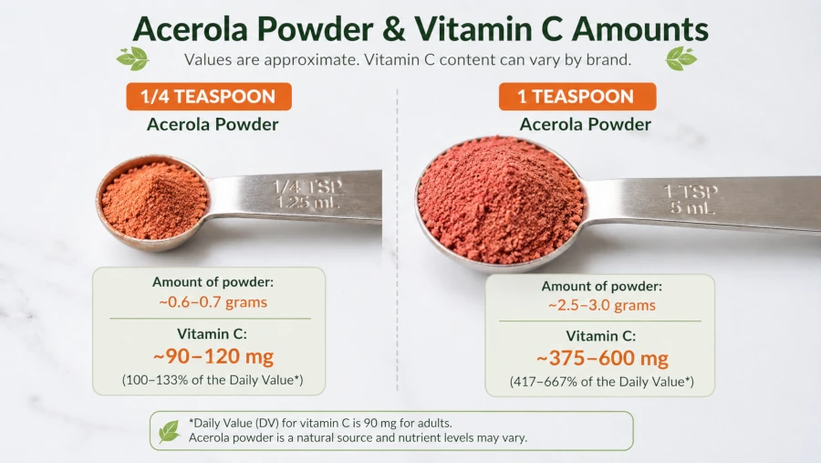 A quarter teaspoon and one teaspoon of acerola powder with approximate vitamin C amounts.