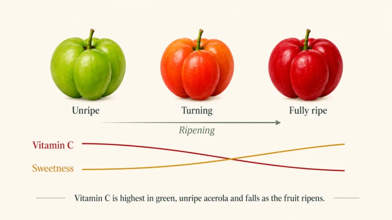 Diagram showing acerola fruit changing from green to red across three ripening stages, with vitamin C content decreasing as sweetness increases.
