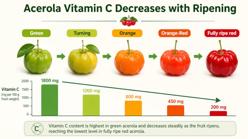 Diagram showing acerola vitamin C decreasing from green to fully ripe red fruit.