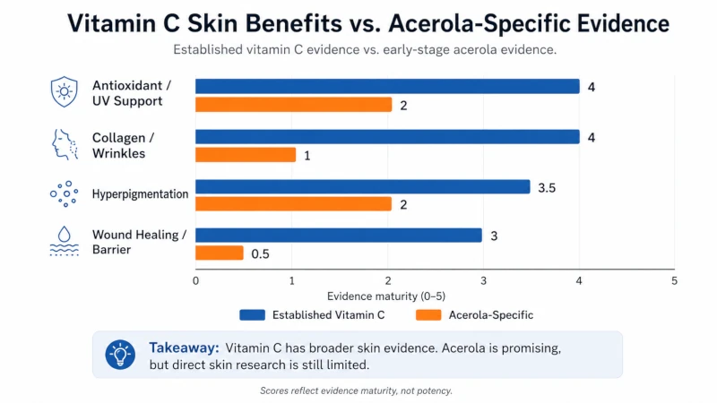 Chart comparing established vitamin C and acerola cherry benefits for skin with early-stage specific evidence.