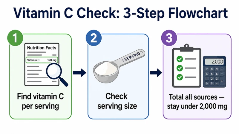 Three-step flowchart: find vitamin C per serving, check serving size, total all sources under 2,000 mg.
