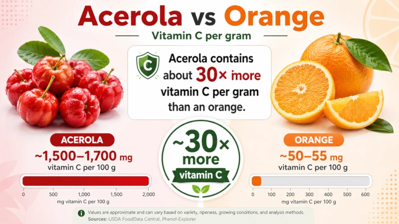 Side-by-side comparison showing acerola contains about 30 times more vitamin C per gram than an orange.