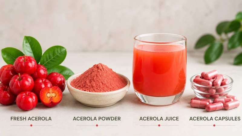 Fresh acerola cherry berries, powder, juice, and capsules shown side by side.