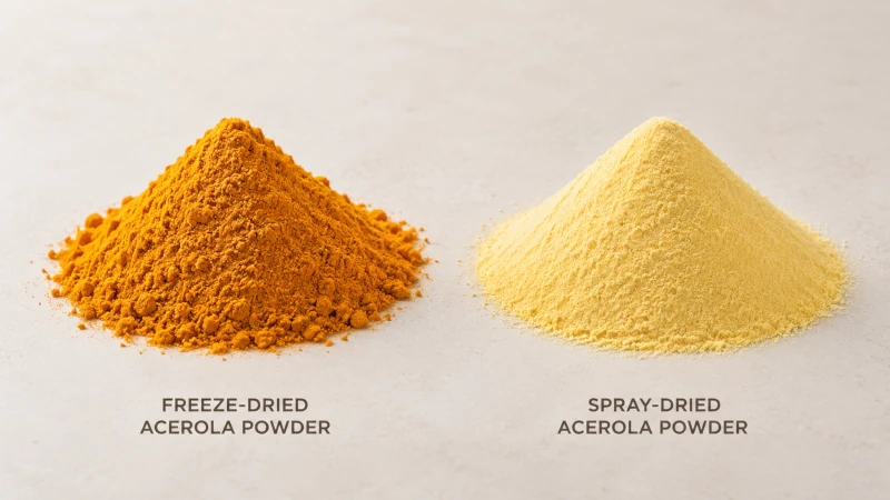Deep golden-orange freeze-dried acerola powder beside pale yellow spray-dried acerola powder.