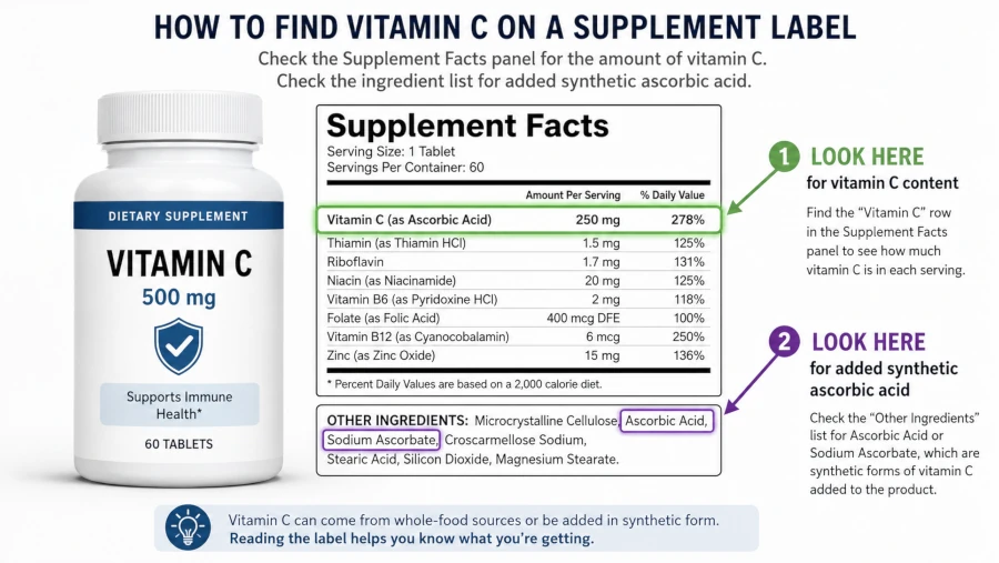 Annotated supplement label showing where to find vitamin C content and added synthetic ascorbic acid.
