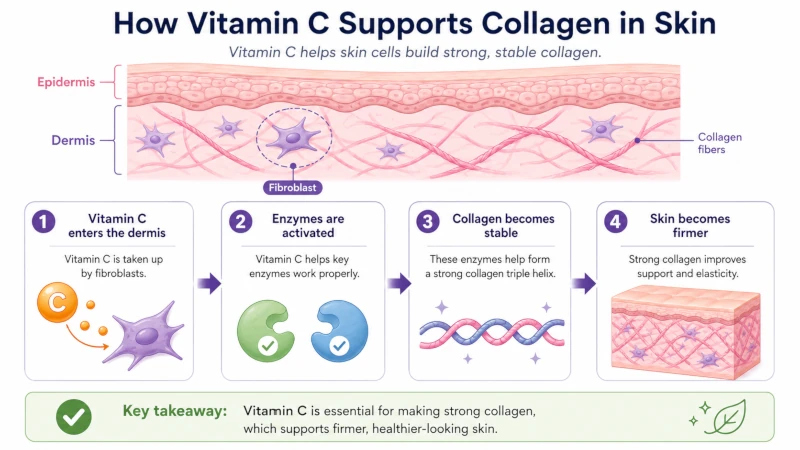 Diagram showing vitamin C enabling collagen synthesis in skin.