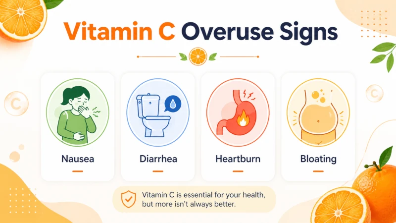 Icon list of vitamin C overuse signs: nausea, diarrhea, heartburn, bloating.