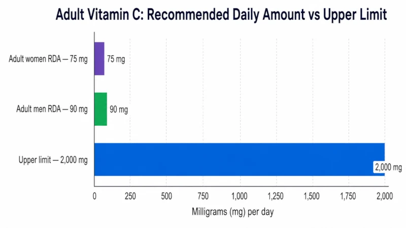 Horizontal bar chart comparing the adult vitamin C RDA of 75–90 mg with the 2,000 mg upper limit.