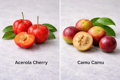 Acerola cherry vs camu camu fruit compared side by side.