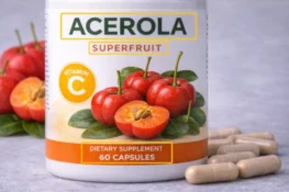 How to read an acerola cherry supplement label showing vitamin C content per serving.