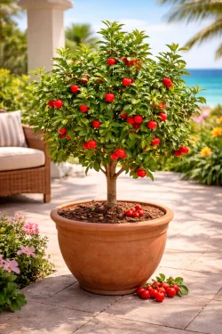 how to grow acerola cherry tree in a large container on a sunny patio.