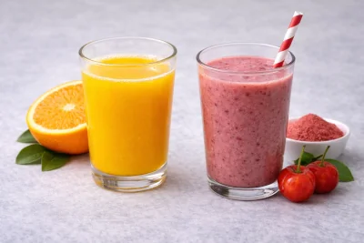 Orange juice and acerola cherry powder smoothie as practical vitamin C sources.