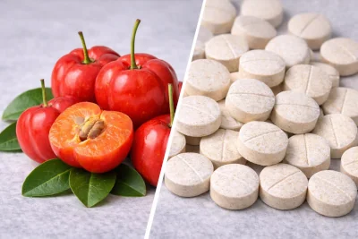 Comparing whole-food vitamin C from acerola cherry for immunity versus synthetic ascorbic acid tablets.