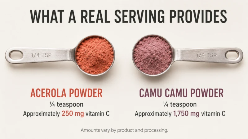 Quarter-teaspoon scoops of acerola and camu camu powder with approximate vitamin C amounts.