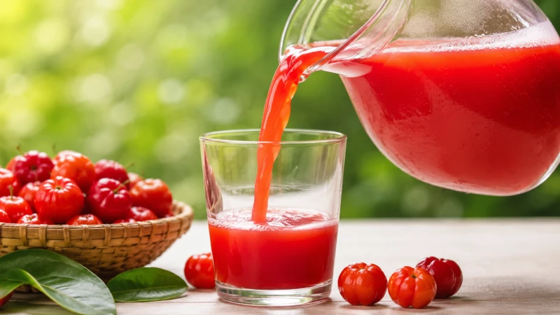 Fresh acerola cherry juice being poured into a glass from a pitcher.