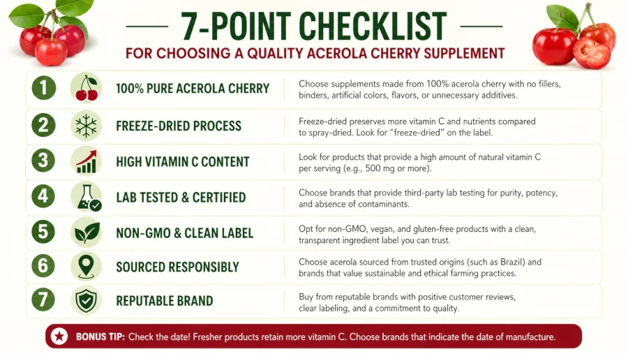 Seven-point checklist for choosing a quality acerola cherry supplement.