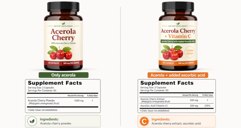 Two acerola cherry supplements labels compared, one listing only acerola and one with added ascorbic acid.