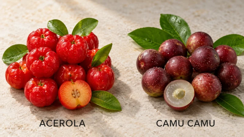 Bright red acerola cherries beside reddish-purple camu camu berries.
