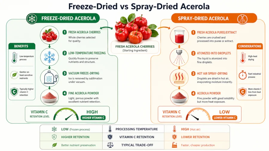 Diagram comparing freeze-dried and spray-dried acerola showing higher vitamin C in freeze-dried powder.