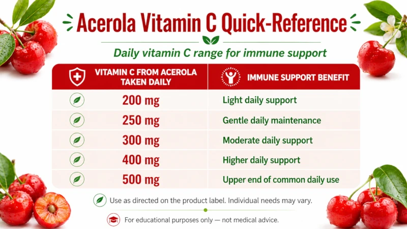 Quick-reference acerola cherry for immunity table showing 200 to 500 mg of vitamin C from acerola taken daily for immune support.