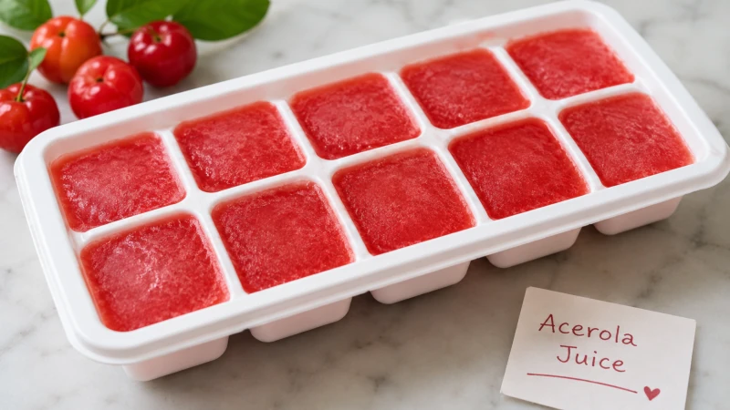 Acerola juice frozen in an ice cube tray for single-serving portions.
