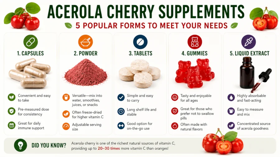 Acerola supplement forms including capsules, powder, tablets, gummies, and liquid extract.