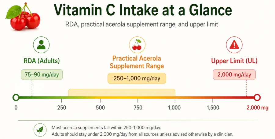 Chart showing vitamin C RDA, practical acerola supplement range, and the 2000 mg upper limit.