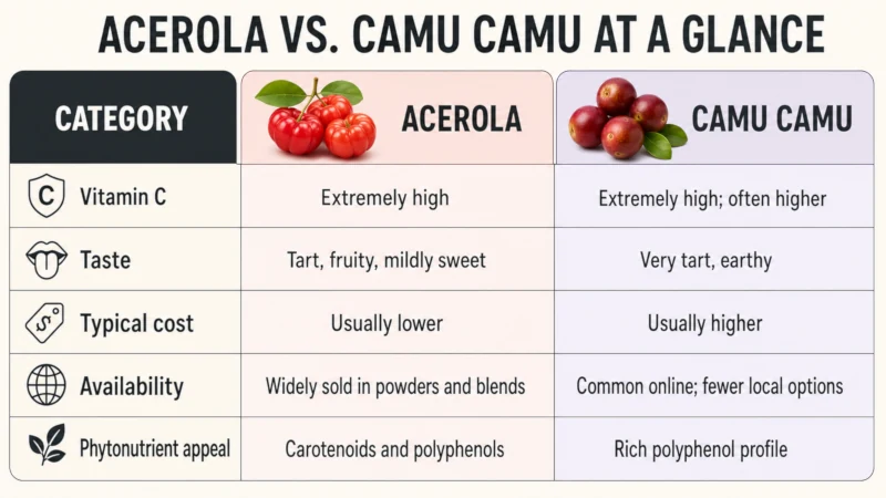 Comparison table of acerola and camu camu on vitamin C, taste, price, and sourcing.