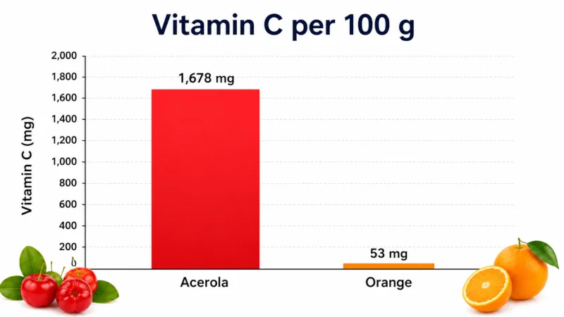 Bar chart comparing vitamin C in acerola (1,678 mg) and orange (53 mg) per 100 grams.