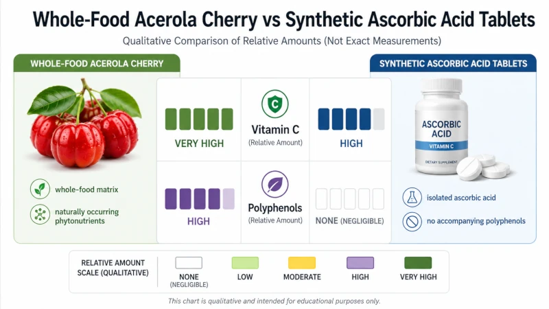 Chart comparing whole-food vitamin C and polyphenols in acerola cherry with isolated synthetic ascorbic acid tablets.
