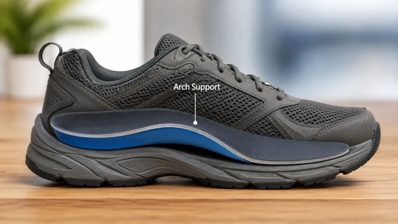 Arch-support orthotic insert placed inside a supportive walking shoe.