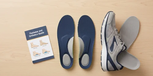 Arch support insoles laid beside a running shoe, illustrating footwear options for flat feet and overpronation.